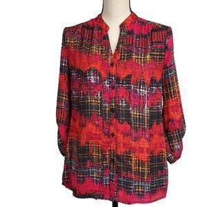 Notations Split Back Red Multicolor Long Sleeve ButtonUp Career Wear Blouse Top